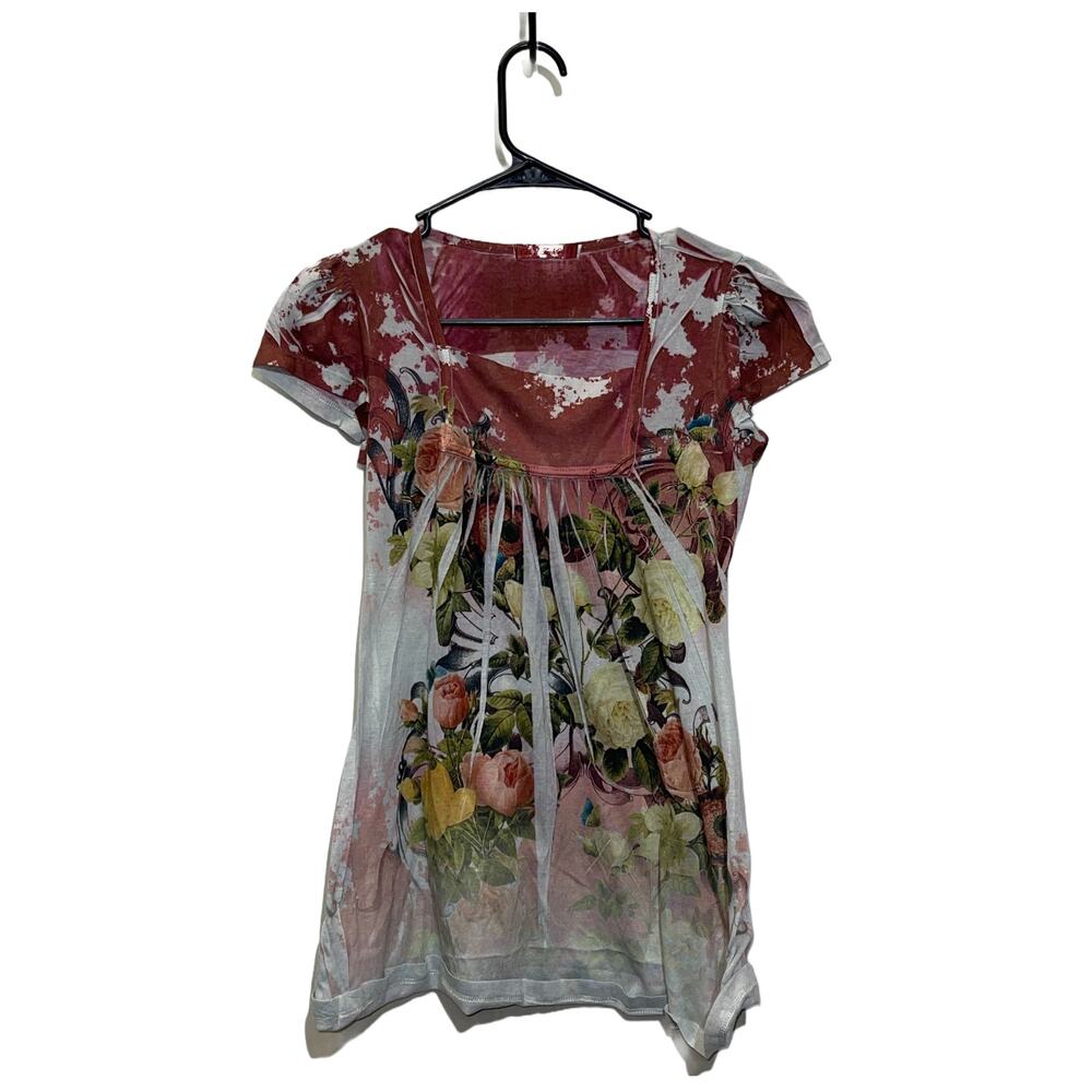 Casual Freedom Silk Blend Blouse Womens Size Small Rose Pattern Square Neck Top